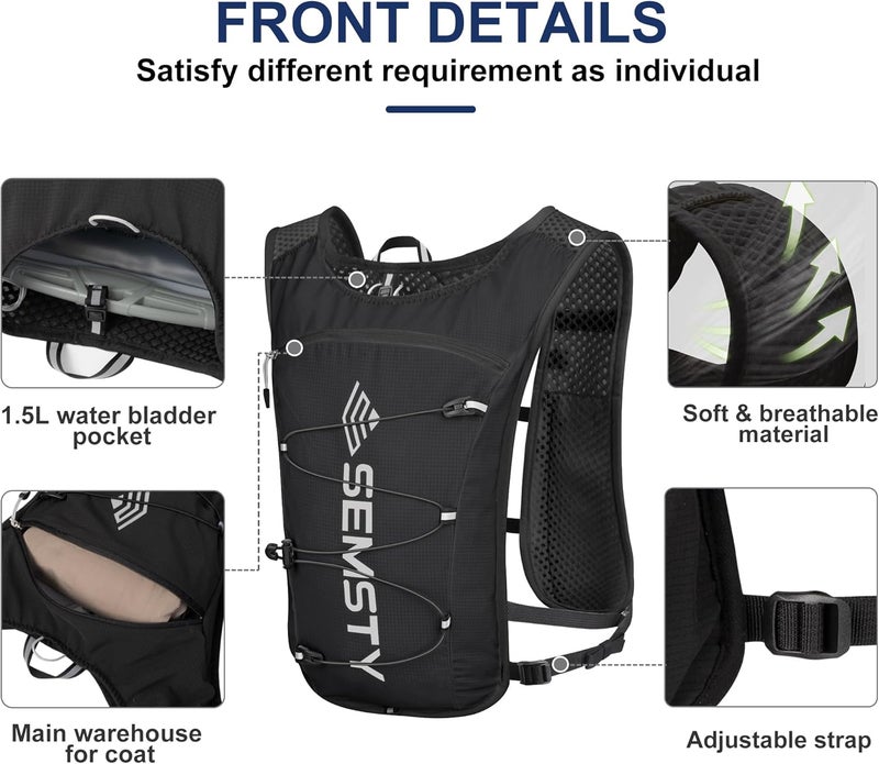 SEMSTY Running Hydration Vest 5L,Running Vest Pack with 1.5L Water Bladder,Lightweight Water Backpack for Hiking Running Cycling - Image 2